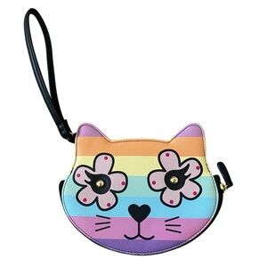 Luv Betsey by Betsey Johnson Multicolor Pastel Rainbow Cat Wristlet Black Strap